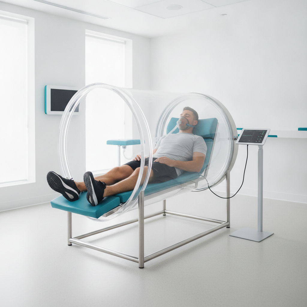 Deportista en sesión de recuperación dentro de una cámara hiperbárica monoplaza en una clínica de medicina deportiva