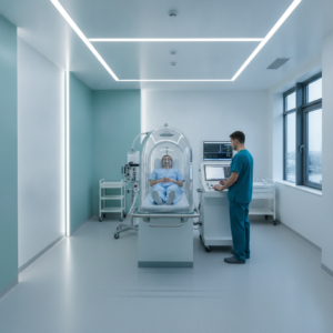 Sesión de cámara hiperbárica monoplaza en una clínica de A Coruña con técnico supervisando el panel de control
