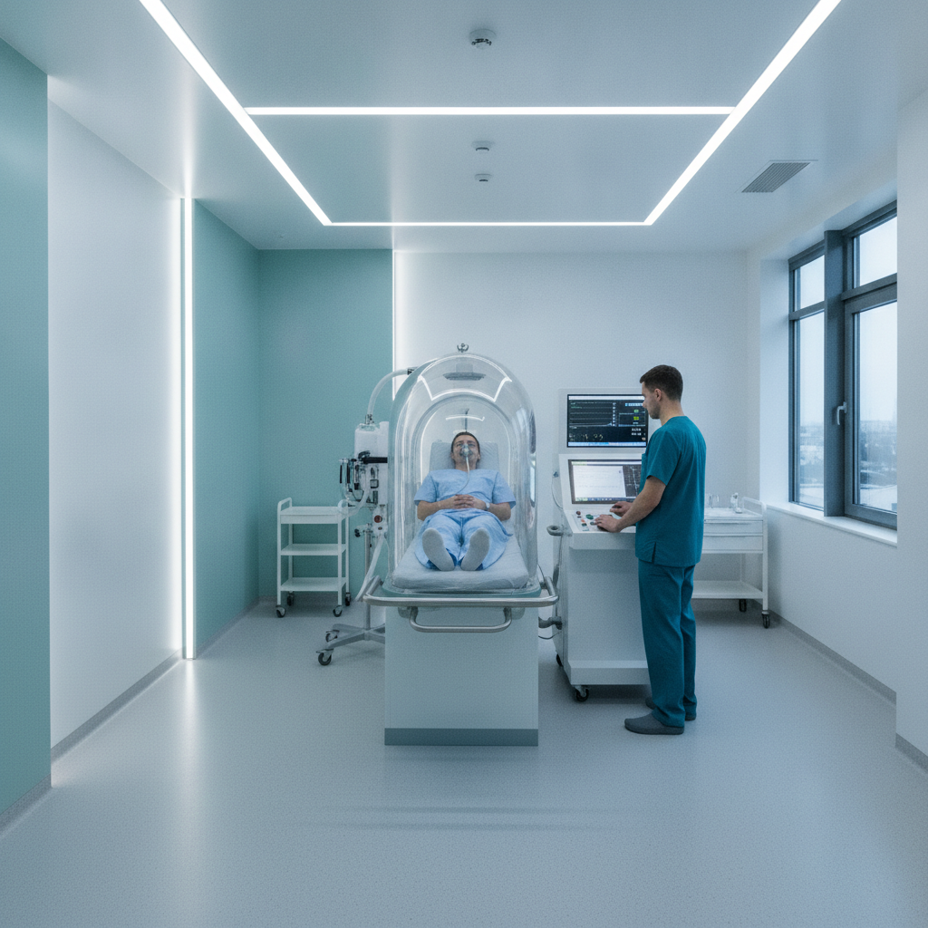 Sesión de cámara hiperbárica monoplaza en una clínica de A Coruña con técnico supervisando el panel de control