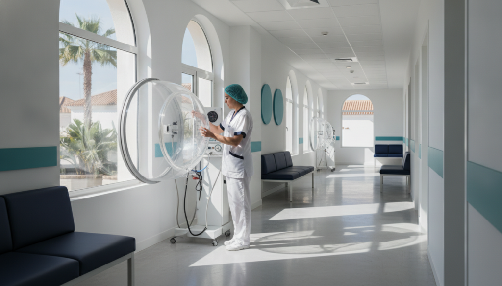 Enfermera preparando una cámara hiperbárica en una unidad hospitalaria de Andalucía