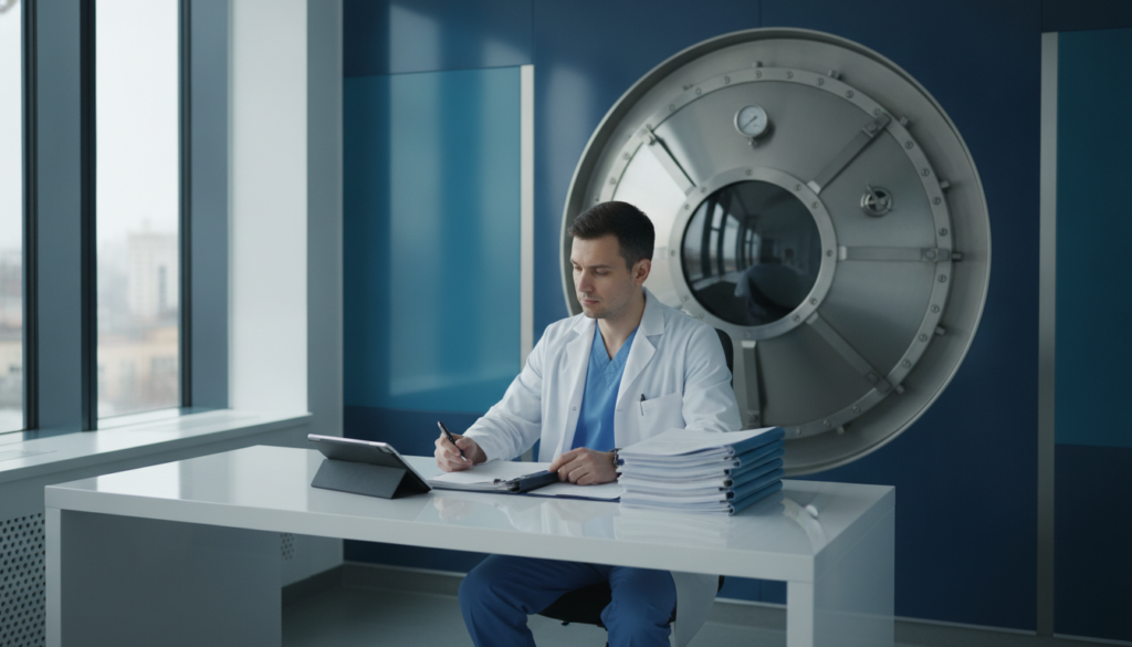 Médica revisando el informe de derivación de un paciente junto a una cámara hiperbárica multiplaza hospitalaria