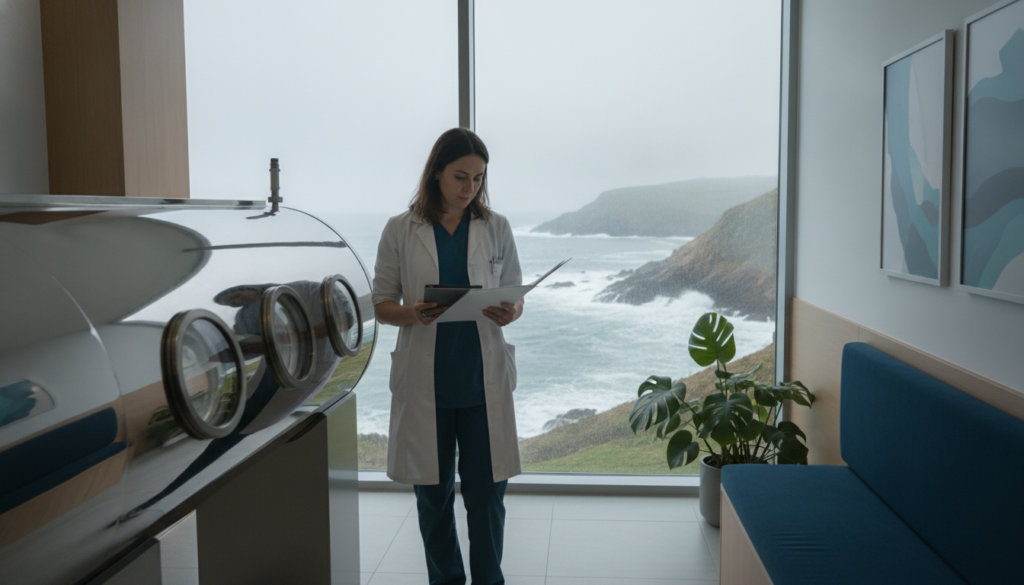 Médica revisando un historial junto a una cámara hiperbárica en una clínica de Galicia