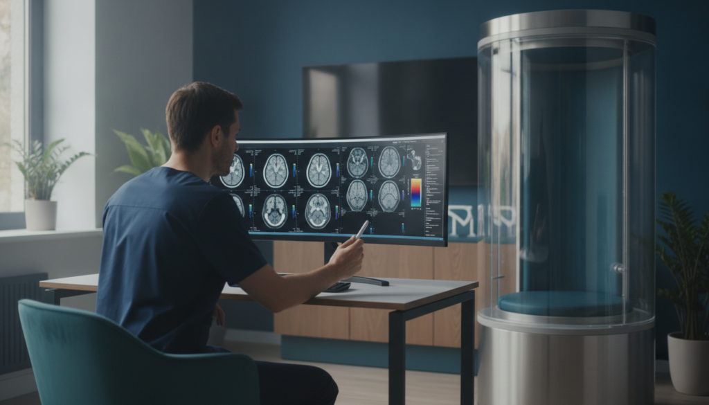 Médico revisando una resonancia cerebral junto a una cámara hiperbárica