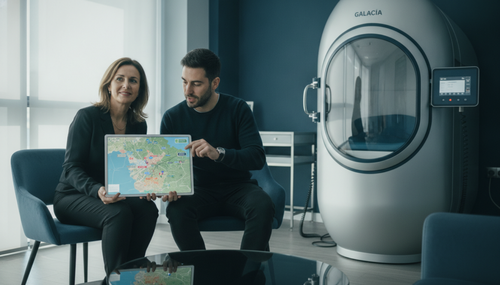 Médico y paciente revisando un mapa de derivación junto a una cámara hiperbárica hospitalaria